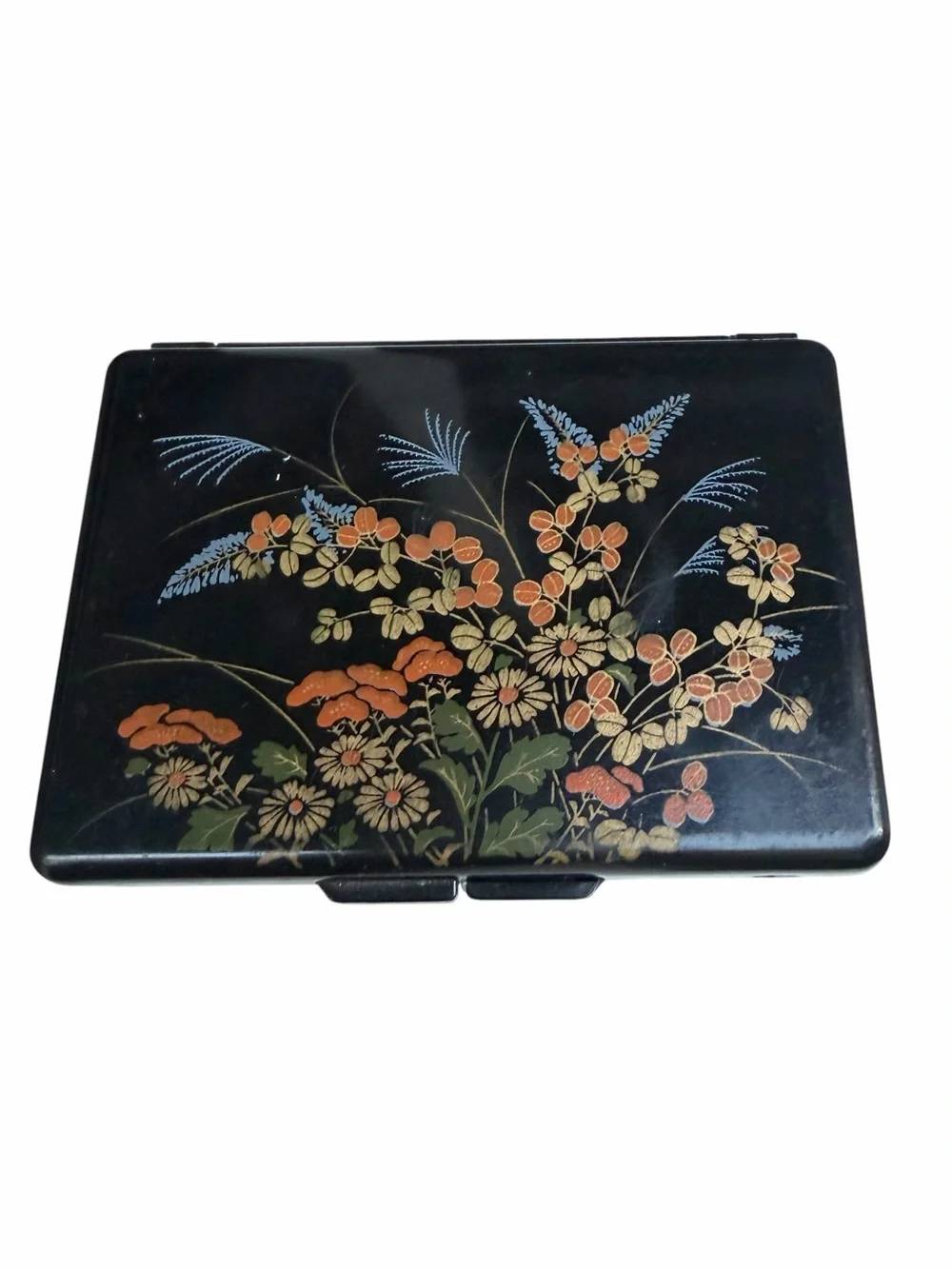 Vintage Hong Kong Black Lacquer Style Floral Jewelry Trinket Box Mirror